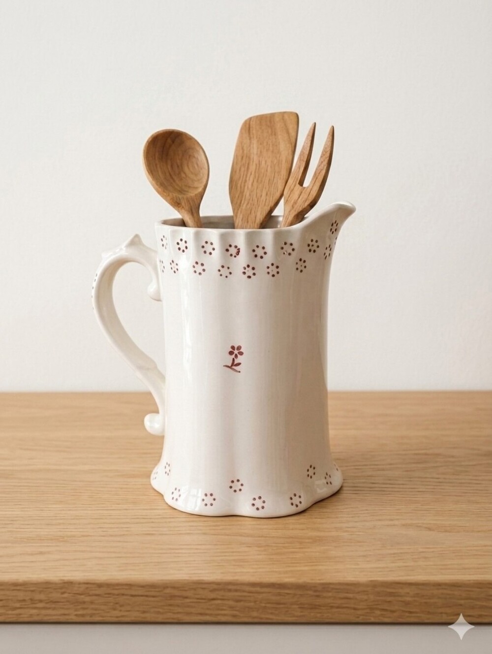 White Ceramic Pitcher with Red Dot Floral Accent